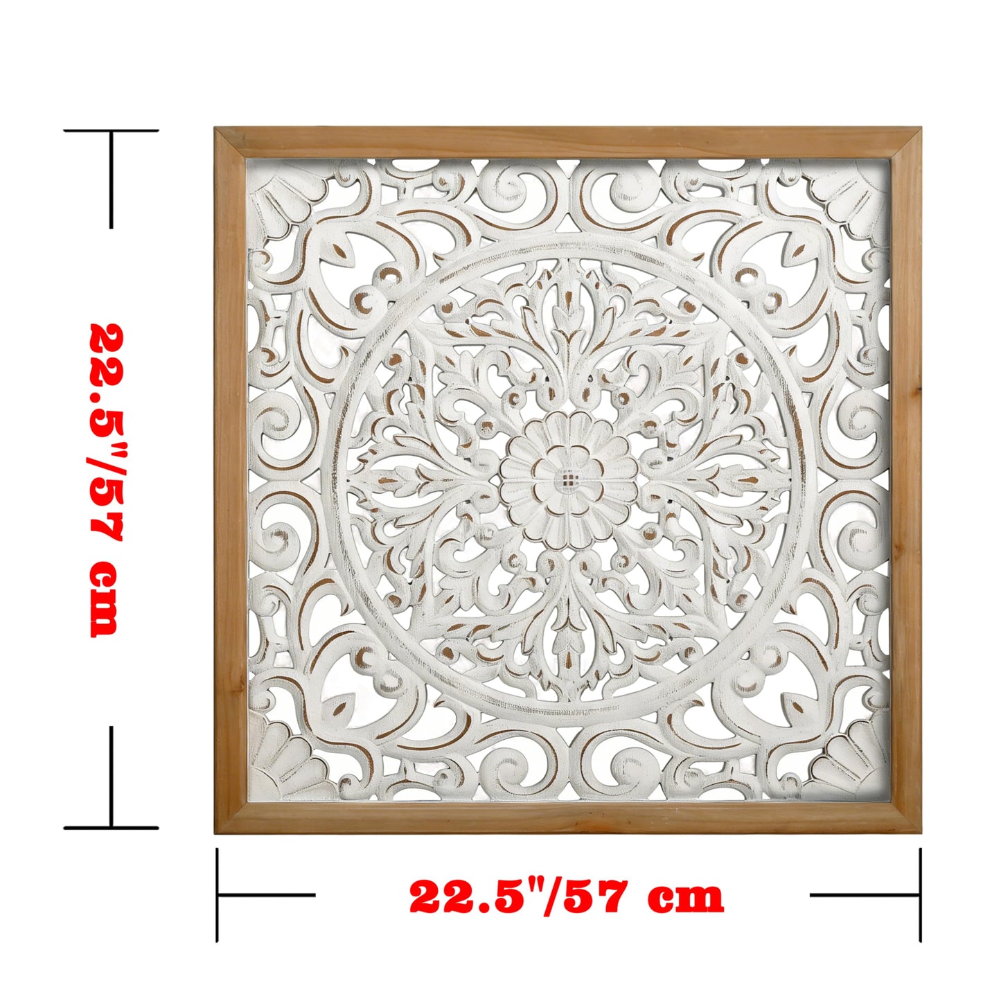 XIAOAIKA Boho Carved Wood Wall Sculpture, Intricate Floral Mandala Design with Distressed White Finish, Vintage Farmhouse Wall Art Panel with Solid Wood Frame for Bedroom Entryway (22.5" x 22.5")