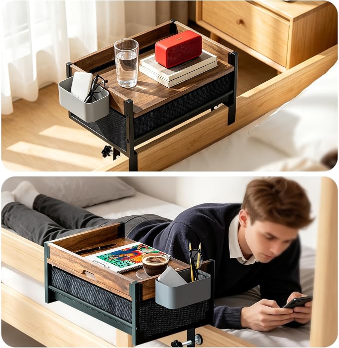 Bedside Shelf for Dorm Room, 2 Tier Clip On Bed Side Table Loft Shelf for Bunk Bed, Bedside Tray with Cable Management, Under Mattress Bedside Shelf, Back to School