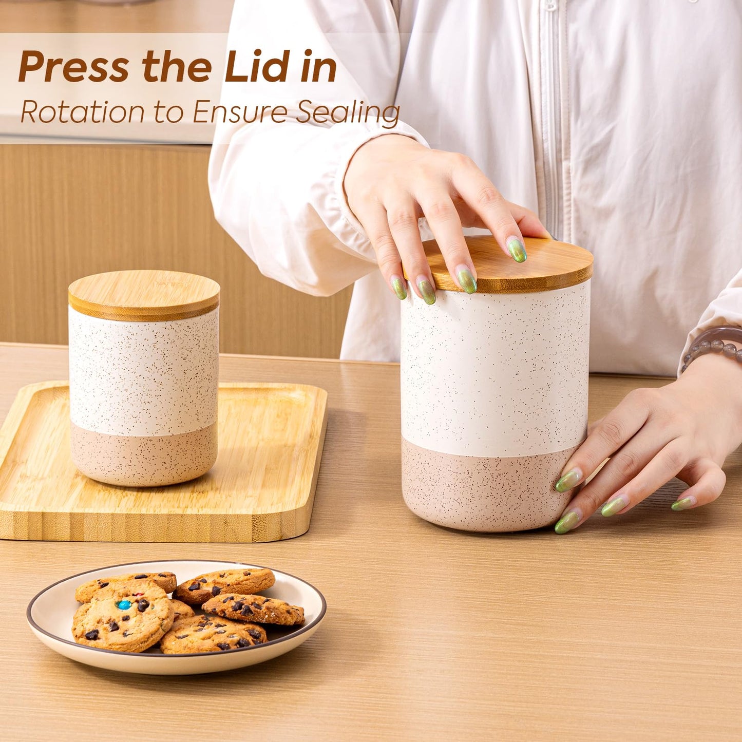 Yangbaga Canisters Sets for Kitchen Countertop-Set of 4 Ceramic Kitchen Canisters Food Storage Jar with Airtight Wood Lids & Spoons & Label,Large Flour and Sugar Containers for Serving Ground Coffee