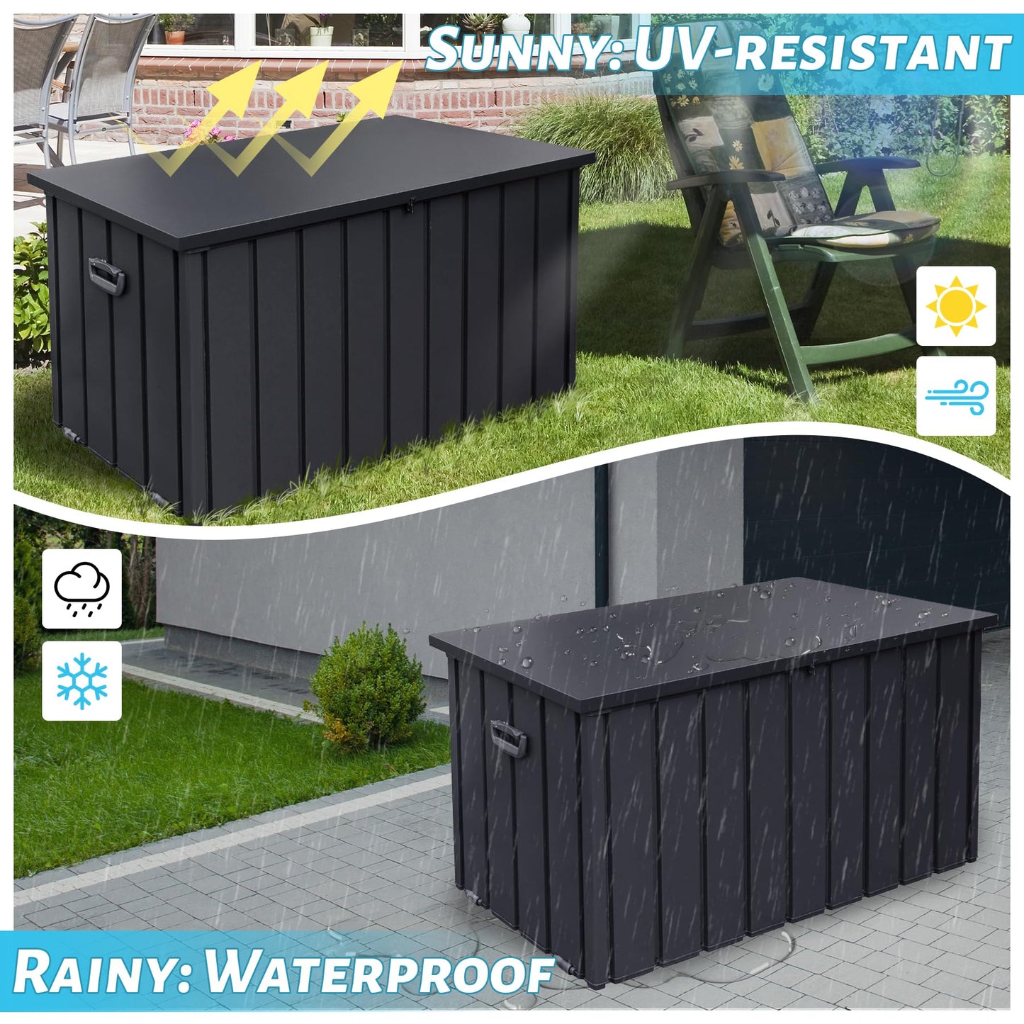 SHPAI 190 Gallon Metal Deck Box, Waterproof Steel Outdoor Box, Large Patio Furniture Storage Cabinet, Lockable Storage Bench for Porch Package Delivery, Pillows, Cushions, Pool, Tools, Backyard, Grey