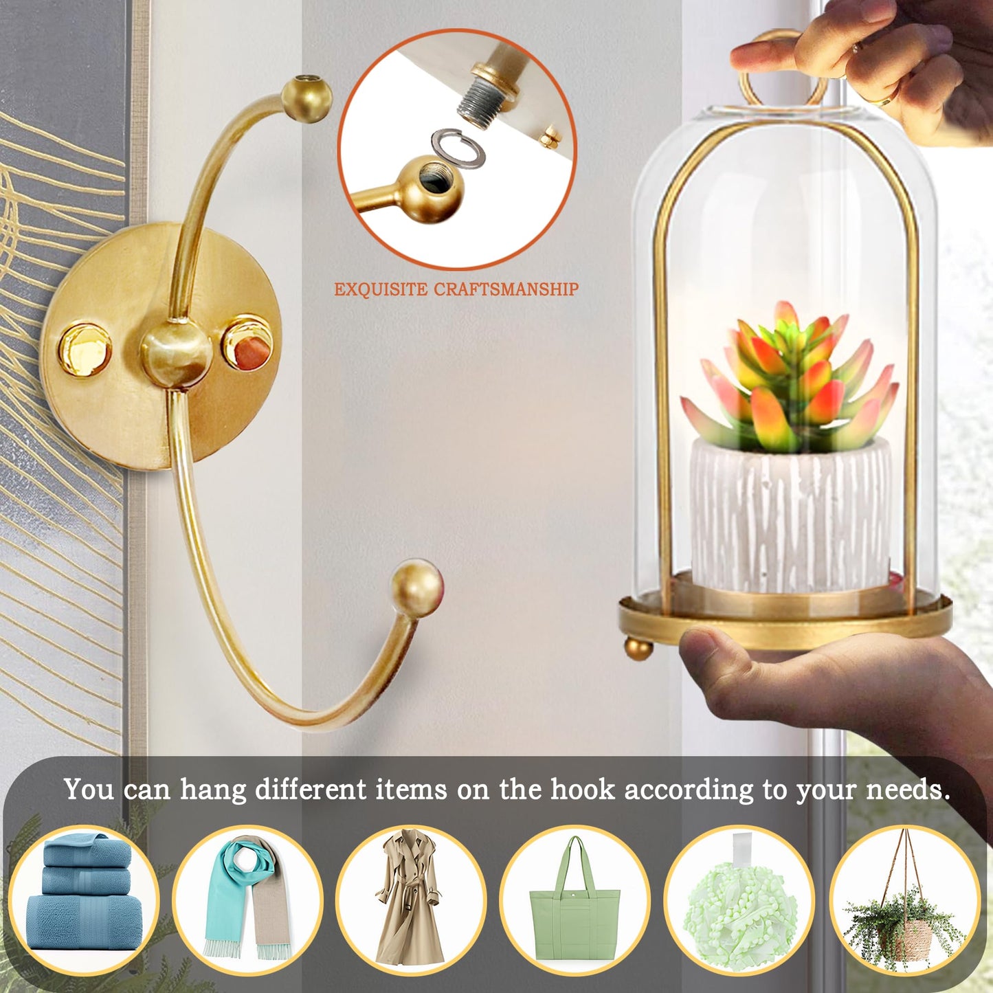 MAUYAR Metal Wall Hurricane Glass Candle Sconce Holder for Pillar Candle & Plant, Modern Farmhouse Decor Candle Lantern with Hand Towel Rack (Gold)