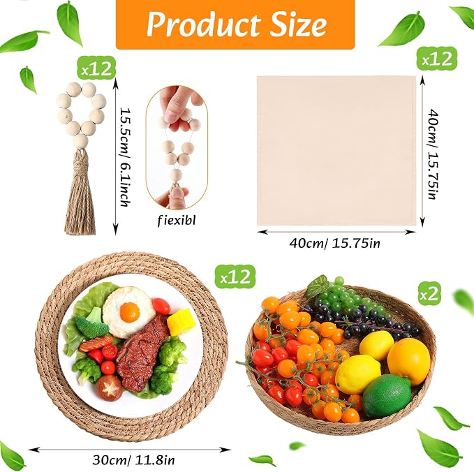 12 Sets Boho Decoration Placemats Round Woven Placemats, Cloth Napkins, Wood Bead Napkin Rings, Long Table Runner and Farmhouse Burlap Cotton for Table Kitchen (White,12x72)