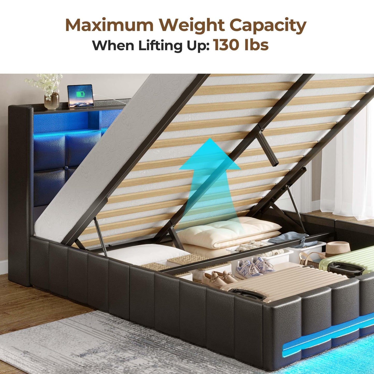 Rolanstar Bed Frame Full Size with Lift Up Storage, Charging Station & LED Lights, Upholstered Storage Headboard, Heavy Duty Wooden Slats, No Box Spring Needed, Noise Free, Easy Assembly, Black