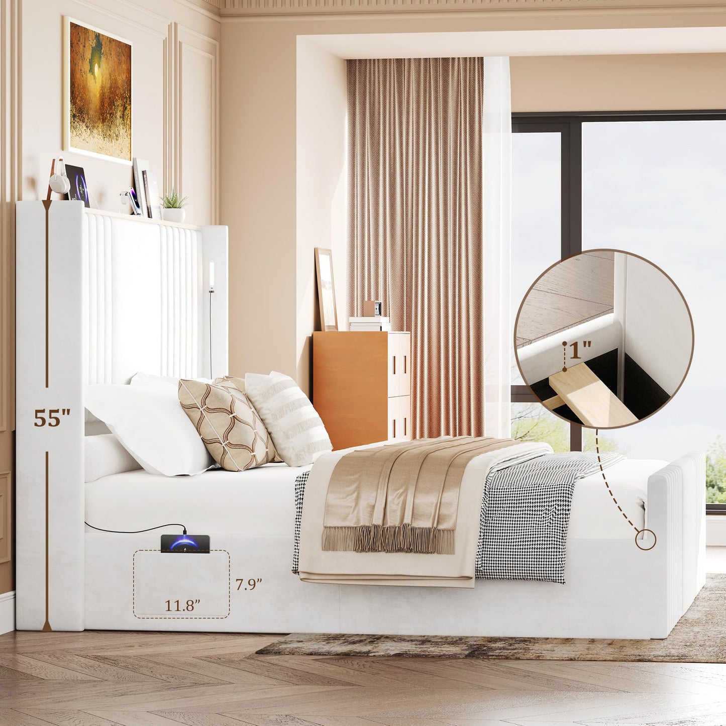 Uteeran King Size Bed Frame with 55.1" Tall Headboard, Velvet Upholstered Platform Bed with Channel Tufted Wingback, 2 Reading Lights/Storage Shelf/Charging Station/Easy Assembly/Noise-Free, Cream