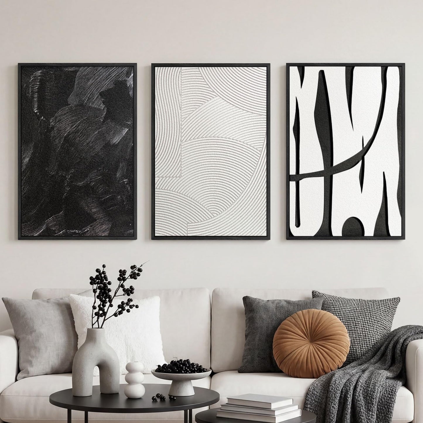 Modern Textured Wall Art Triptych, Mixed Technique Wall Panels Carved and Layered Sandstone Designs, Black White Abstract Geometric Wall Decor, Solid Wood Framed Sculptural Decor 24x36 Each