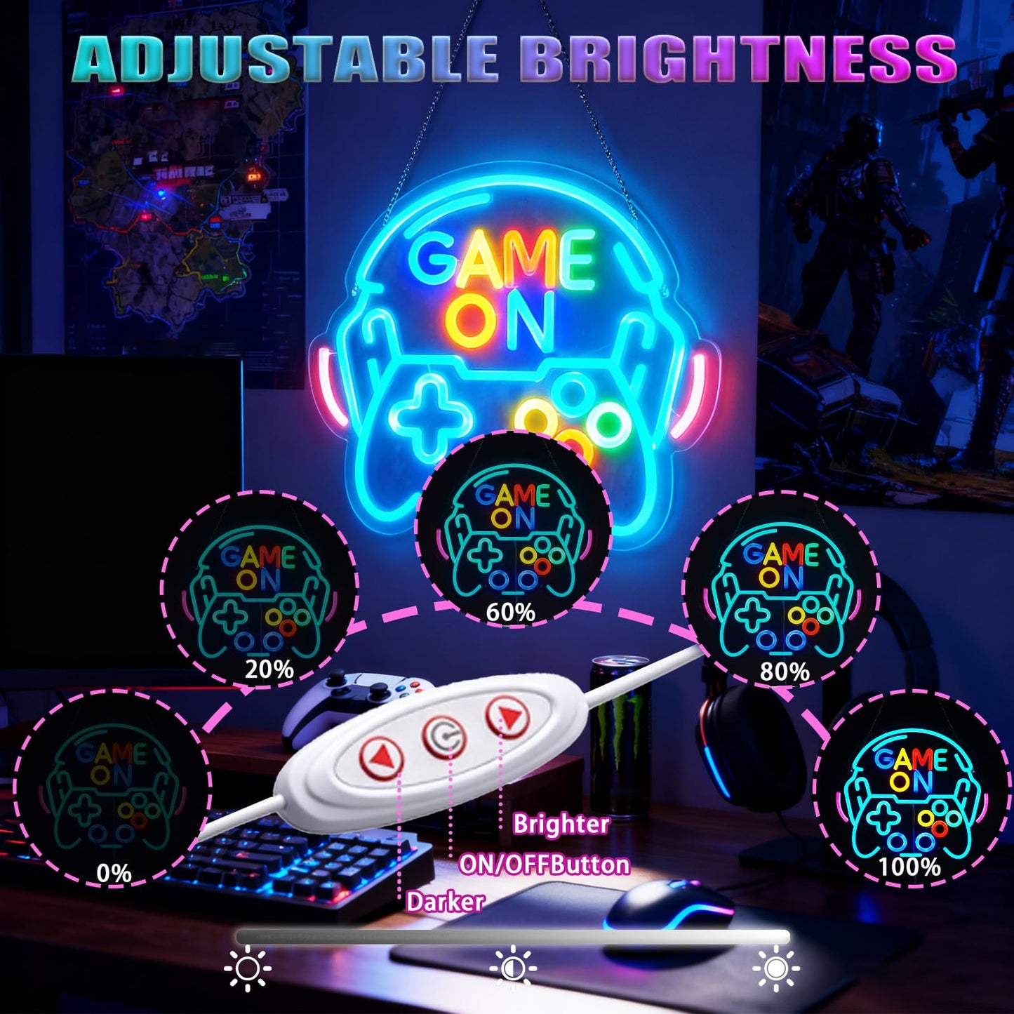 Dimmable Gamer Neon Sign, Game Controller Shaped LED Neon Sign for Gaming Room Decor, 15"x13" USB Powered Adjustable Brightness Gamepad LED Sign for Boys Room, Cool Gamer Gift for Teens and Kids