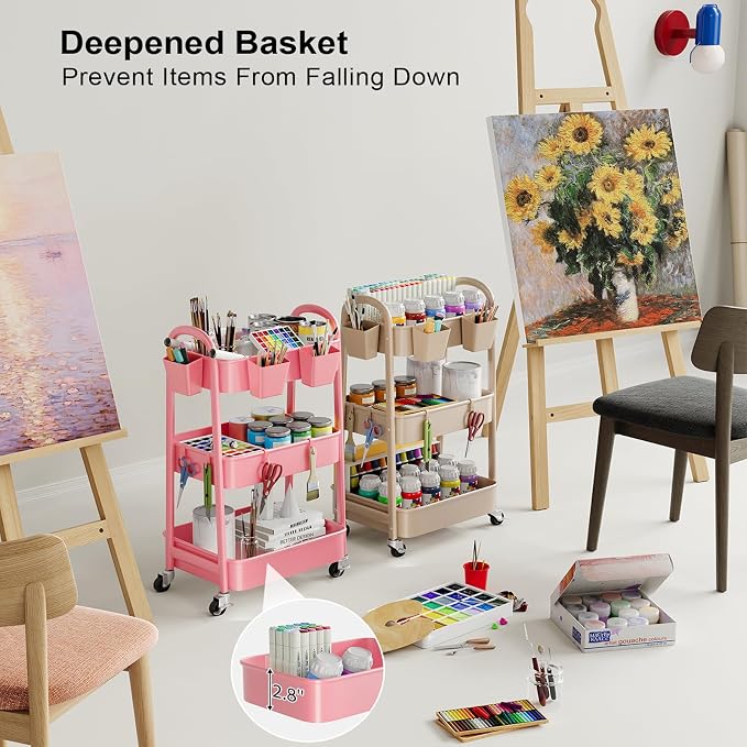 Beige 3 Tier Rolling Cart Metal on Wheels, Three Tiered Storage Organizer Utility Trolley with Wheels for Art, Craft, Baby Diaper Caddy, Snack, Book, Nail, Lash, Cleaning Supplies, Kitchen, Bathroom