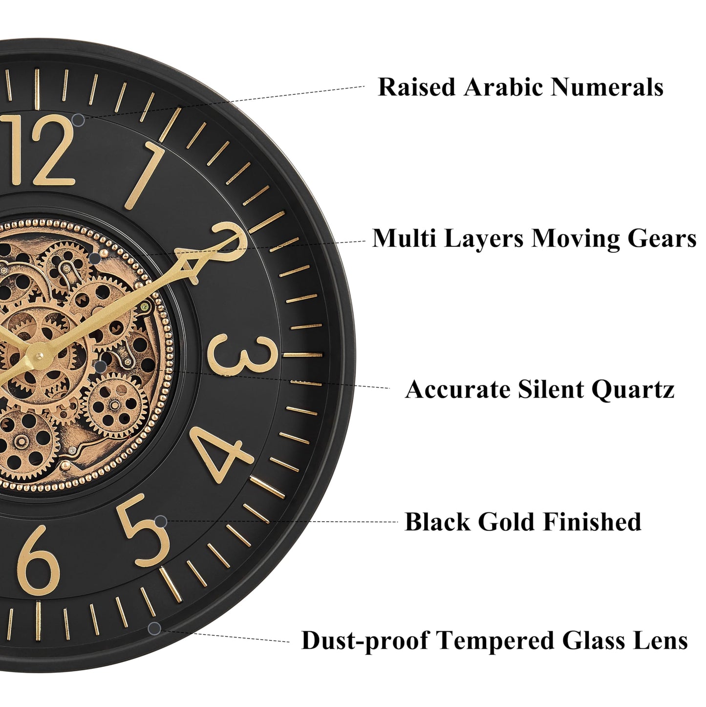 CLXEAST 21 Inch Moving Gear Wall Clock, Large Regular Arabic Numeral Wall Clocks for Living Room Decor,Modern Black& Gold Finish,House Warming Gifts New Home