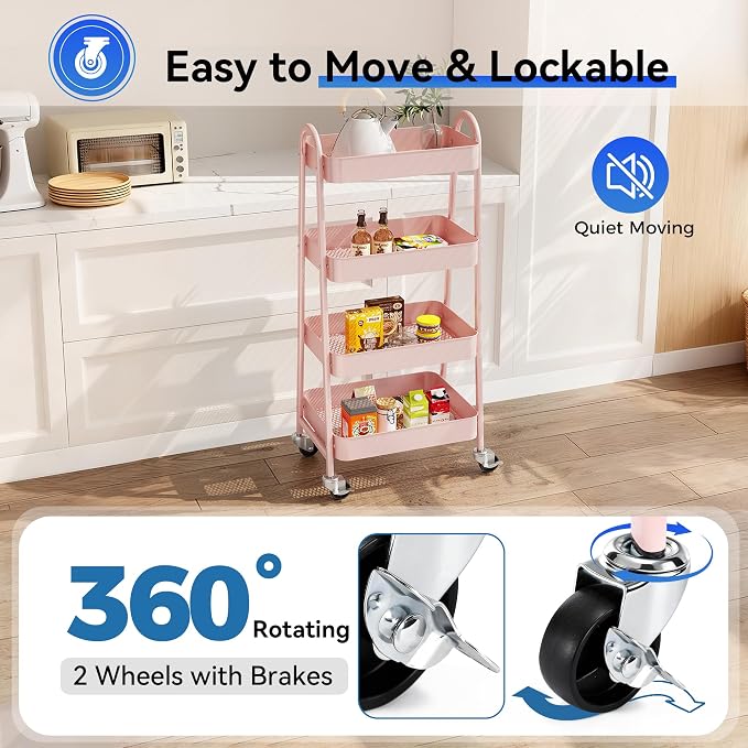 OLIXIS Metal 4 Tiers Utility Rolling Cart, Mobile Storage Shelf with Lockable Caster Wheels, Organization for Livingroom, Bathroom & Narrow Places, 4-Tier Pink