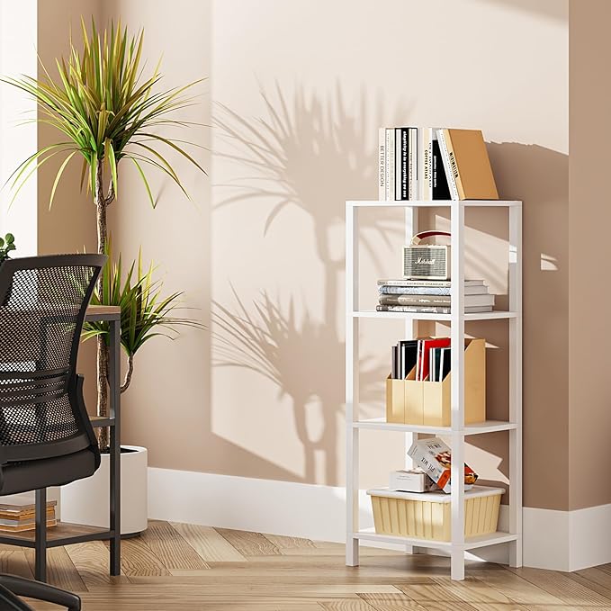 TUTOTAK Bookshelf, 4-Tier Tall Book Shelf, Narrow Bookcase for Small Space, DIY Stackable Bookshelf, for Living Room, Office, Study, Entryway, Industrial, White BS01BW004