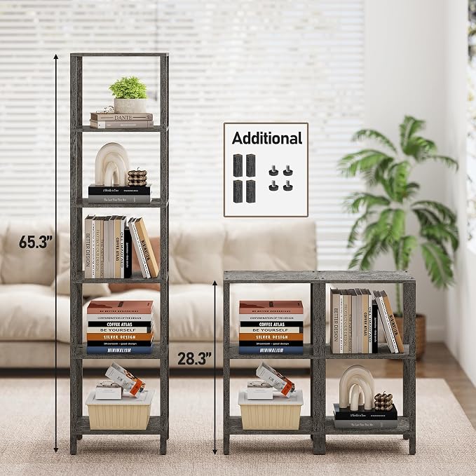 TUTOTAK Bookshelf, 6-Tier Tall Book Shelf, Narrow Bookcase for Small Space, DIY Stackable Bookshelf, for Living Room, Office, Study, Entryway, Industrial, Charcoal Grey BS01BY006