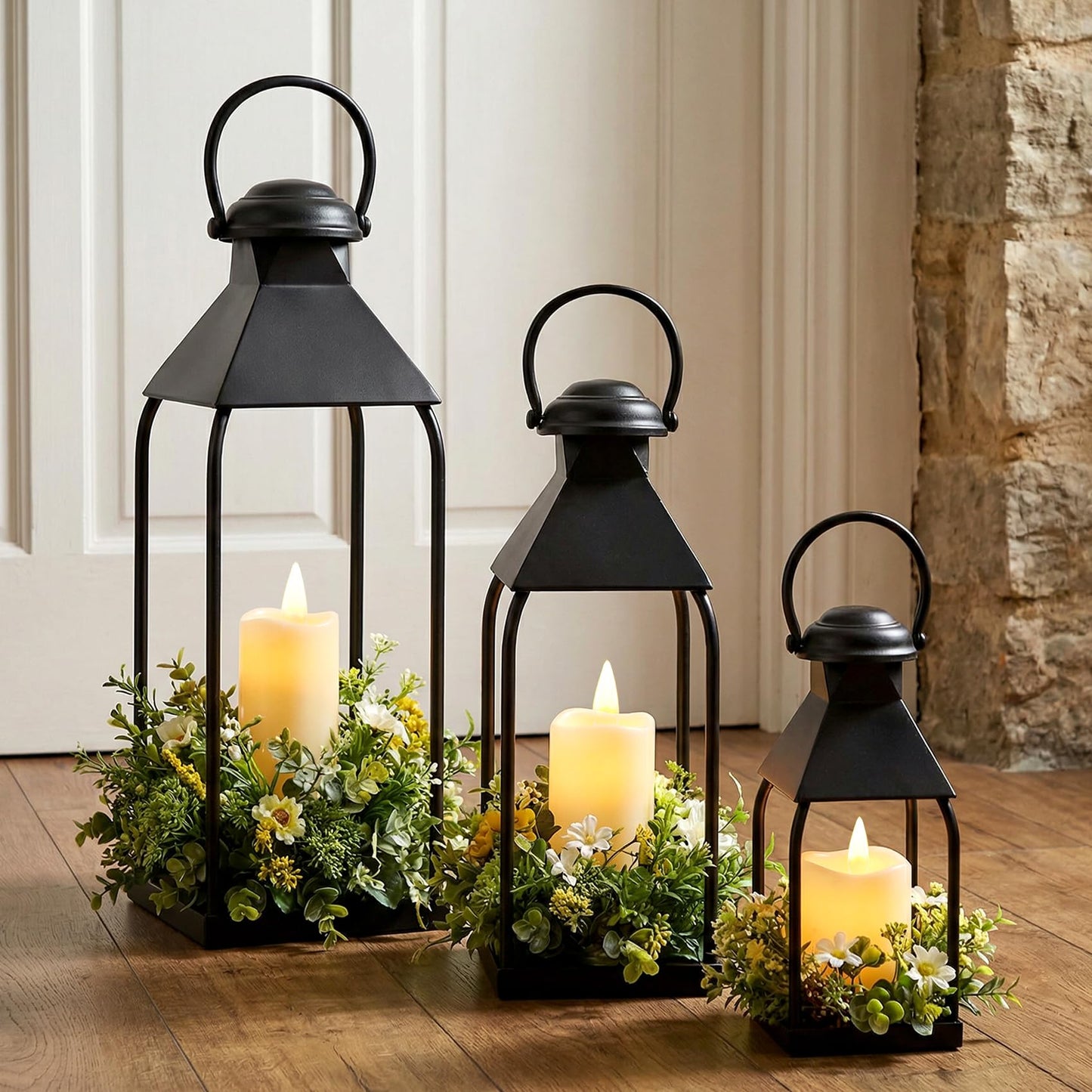 Decorative Metal Lanterns Indoor Outdoor, Set of 3 Farmhouse Lantern Holders Without Candles for Porch, Patio, Fireplace, Floor, Wedding & Holiday Table Centerpiece (Black, 20" 15.7" 12")