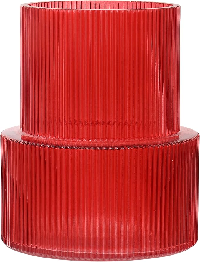Ribbed Glass Vase, Flower Vase, Fluted Red Vases for Flowers, Modern Vases for Living Room, Dining Table, Entryway, Shelf, Wedding, Office, Coffee Table, Birthday, 7.5 Inches