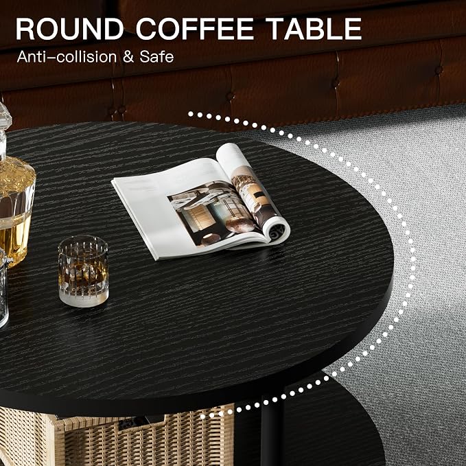 FAMIDGE Round Coffee Table, 23.6" Circle Coffee Table for Living Room, 2-Tier Wood Accent Center Table with Open Storage Industrial Design Home Furniture, Black