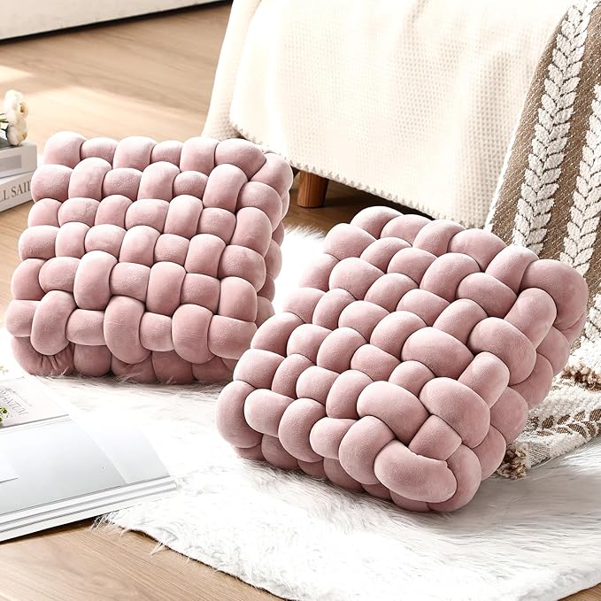 Wenqik 2 Pcs Knot Pillows Square Knotted Plush Throws Soft Accent Pillows Decoration Cushion for Couch Home Office Living Room Bedroom Bed Sofa Decor, 12'' x 13''(Haze Pink,Crystal Velvet)