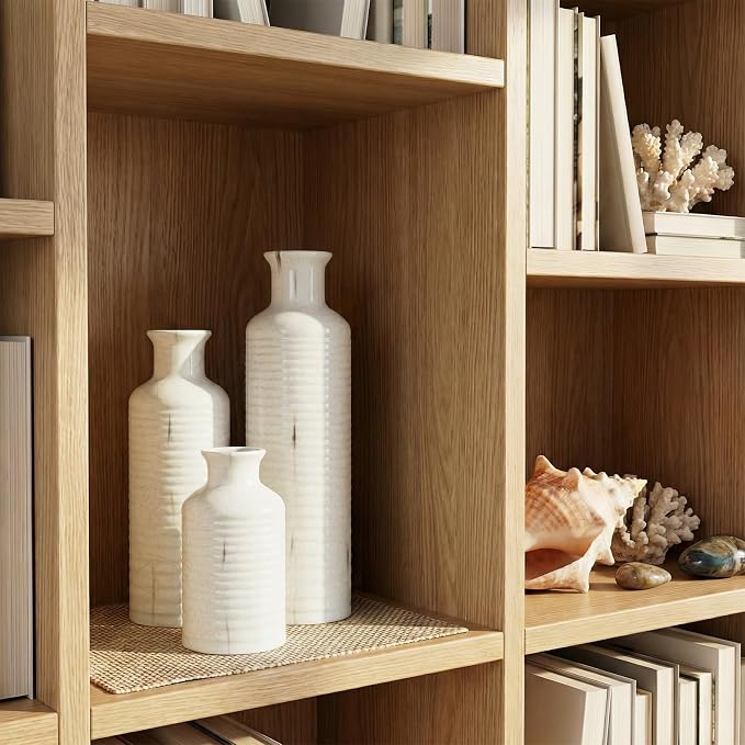 Firehold Ceramic Vase Set of 3, Flower Vases for Home Decor, Neutral Rustic Modern Farmhouse Vase, Decorative Centerpieces for Table Bookshelf Mantel Kitchen Living Room Office