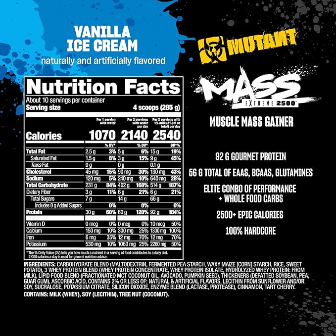 Mutant Mass Extreme Gainer ??Whey Protein Powder ??Build Muscle Size and Strength ??High Density Clean Calories (Vanilla Ice Cream, 6 lbs)