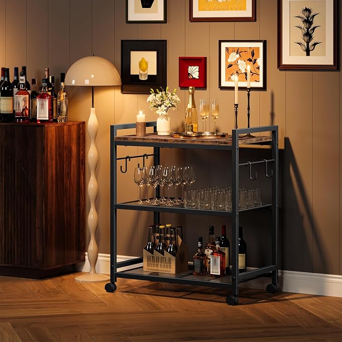 CHOEZON 3-Tier Rolling Bar Cart, Vintage Metal Kitchen Cart with Wheels, Mobile Storage Shelf, Rolling Microwave Stand with Mesh Shelves for Home Bar, Kitchen, Rustic Brown and Black TTC06BF