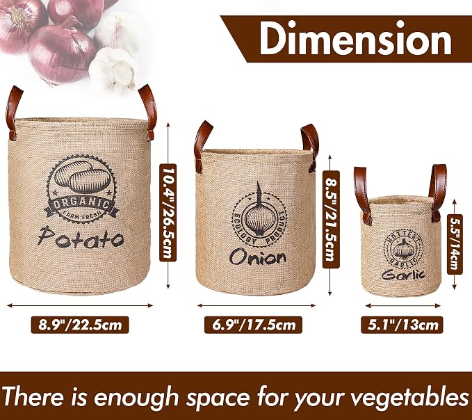 Kamehame Potato and Onion Storage Baskets Pack of 3, Lined Burlap Pantry Storage Bins for Potato Onion Garlic with Handles