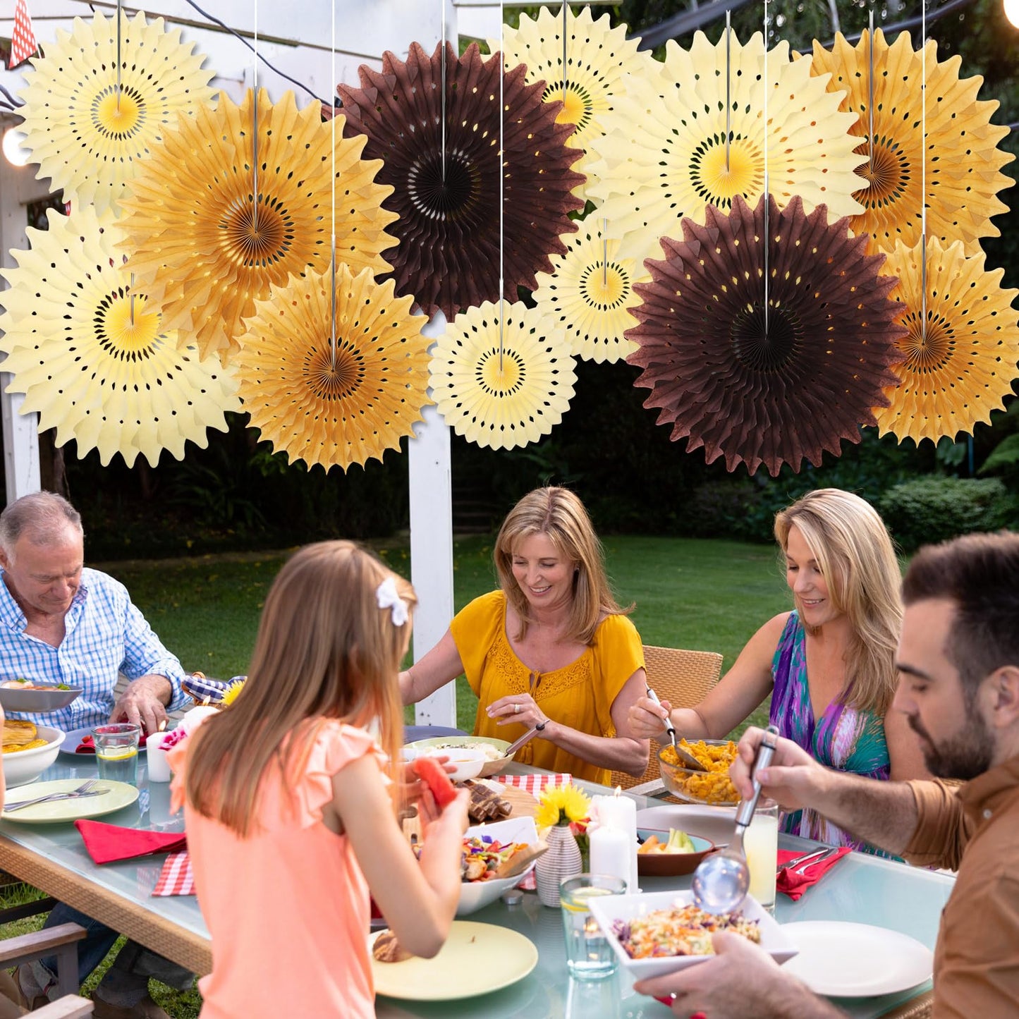 Outus 12 Pcs Hanging Honeycomb Paper Fans Sets, Fiesta Brown and Beige Party Decorations, Tissue Paper Flowers Supplies for Birthday Wall Classroom Wedding Photo Backdrop (14/8/6 Inch)