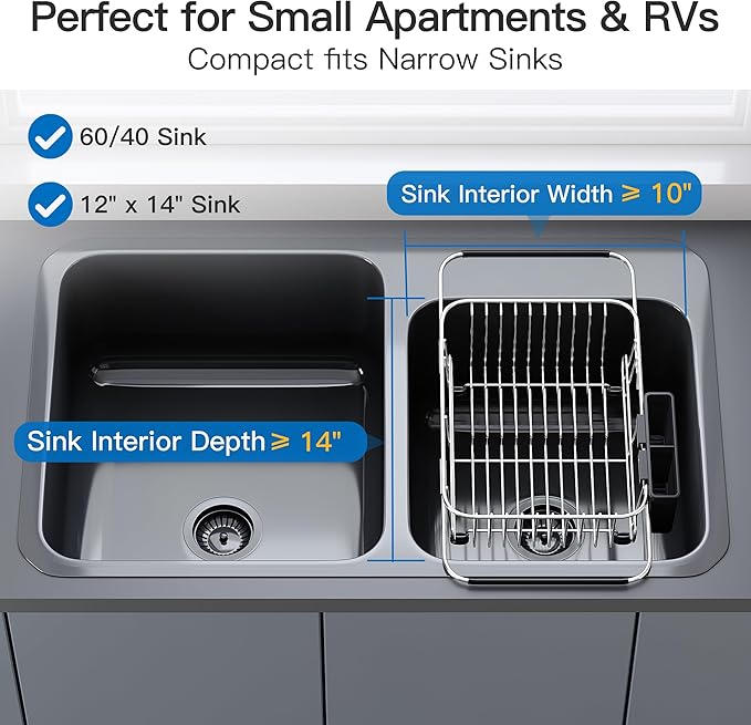 Apartment RV Small Dish Drainer Drying Rack Over The Sink In Stainless Steel for Narrow Kitchen, Counter Space Saving Compact Expandable Metal Dish Dryer Strainer, Adjustable Hanging Wire Drain Holder