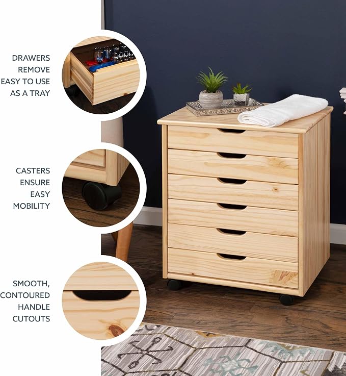 Linon Callie Multipurpose Six Drawer Dresser Wide Wood Rolling File Cabinet Storage Cart in Natural