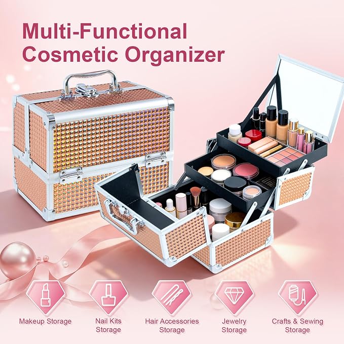 Makeup Train Case, Large Makeup Case with Mirror and Lock, Portable Makeup Box Organizer, 2 Trays Make Up Storage for Travel, Vanity, Cosmetics, Rose Gold