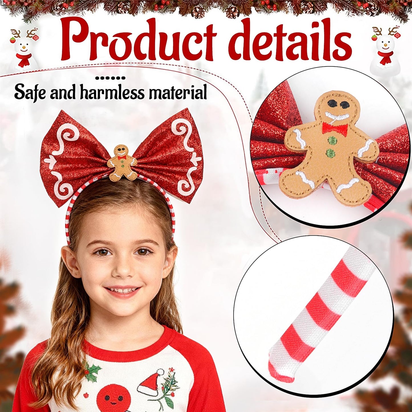 BYNYTO Christmas Bow Headband Gingerbread Man Hairband Candy Cane Hair Hoop Christmas Headbands for Women Festive Holiday Party Accessory