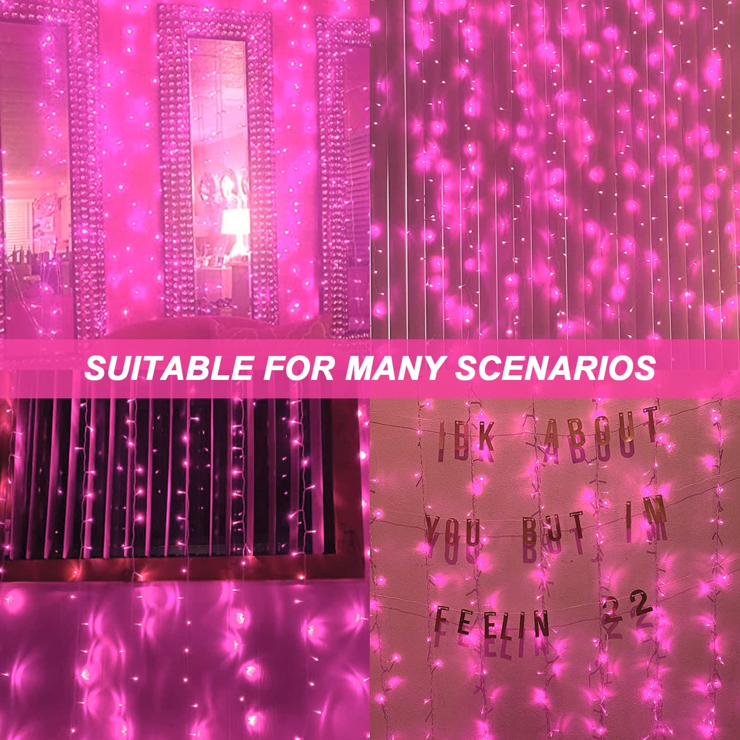 amadecohome Curtain Lights, Pink Room Decor 8 Modes LED String Lights for Garden, Teen Girls' Room, Party, Window, Wall and Valentines Day Decor