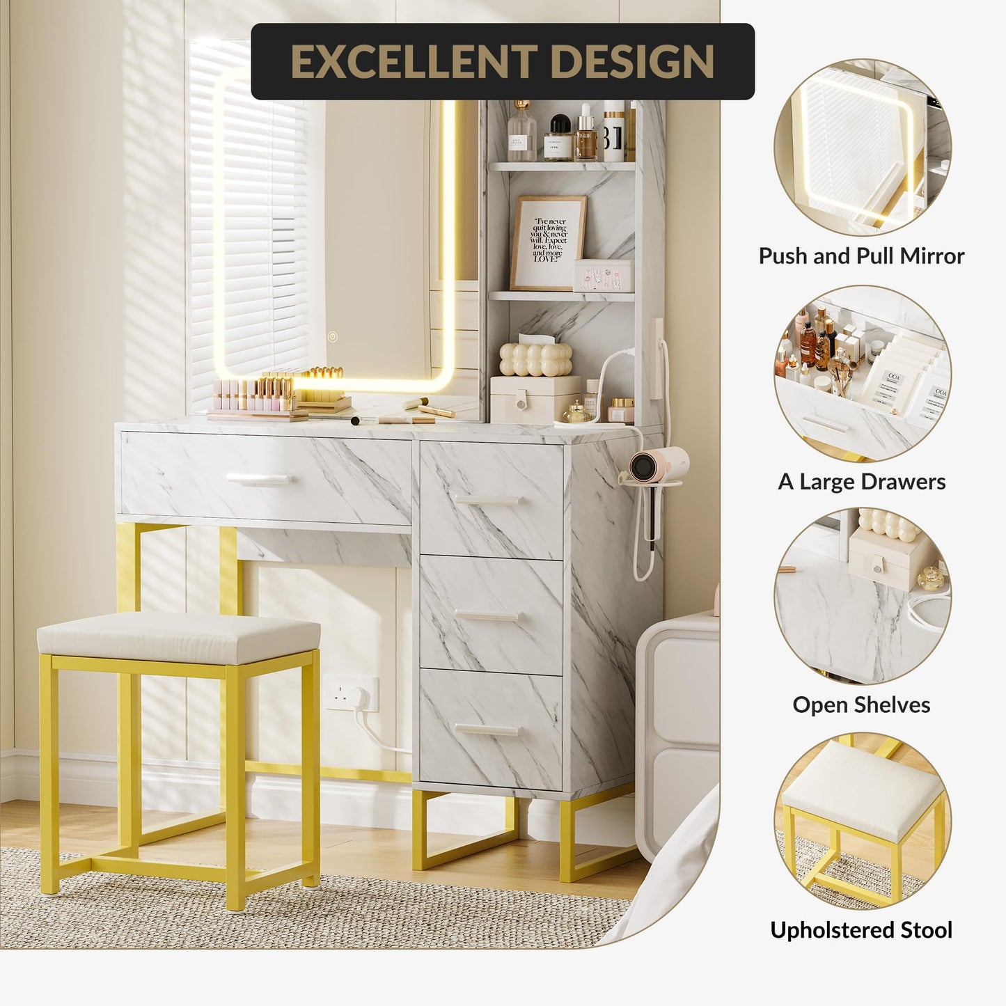 57'' Large Vanity Desk with Mirror & Lights, Makeup Vanity Table with Charging Station,