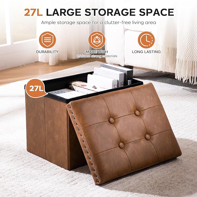 oakvivo Folding Storage Ottoman 16x12x12 inches, Small Faux Leather Foot Rest Stool with Button Tufted Rivet Design, Footstool Bench, Ottoman with Storage for Living Room Bedroom Coffee Table, Brown