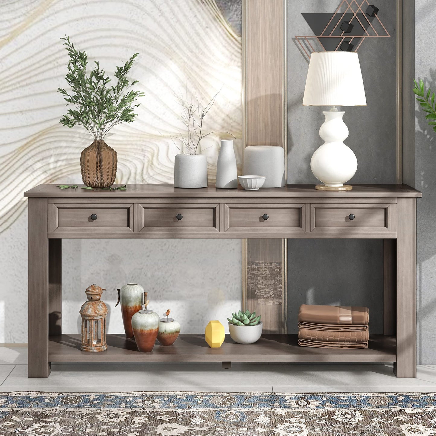 Jintop Solid Wood Console Sofa Table with 4 Drawers and Tabletop,Bottom Shelf for Entryway Hallway or Living Room,Space Saving,Easy to Assemble,Gray Wash,63" L×14" W×30" H