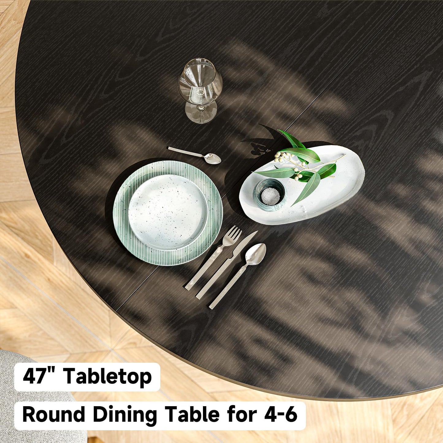 Round Kitchen Dining Table for 4-6 People, 47 inch Mid-Century Circle Dinner Tables, Rustic Wood Base in Fluted Design, Space Saving Dining Room Furniture, Large Table Only for Family Party, Black