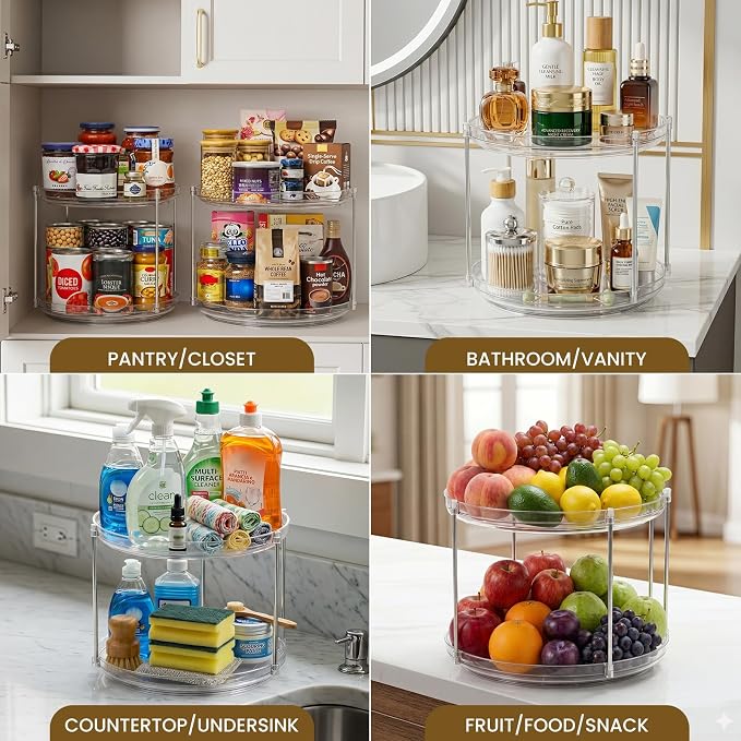 2 Tier Non-Skid Acrylic Lazy Susan Organizer - Rotating Spice Rack - Turntable Organization for Kitchen, Pantry, Countertop, Closet, Bathroom, Vanity, Medicine Cabinet Organizing,10''