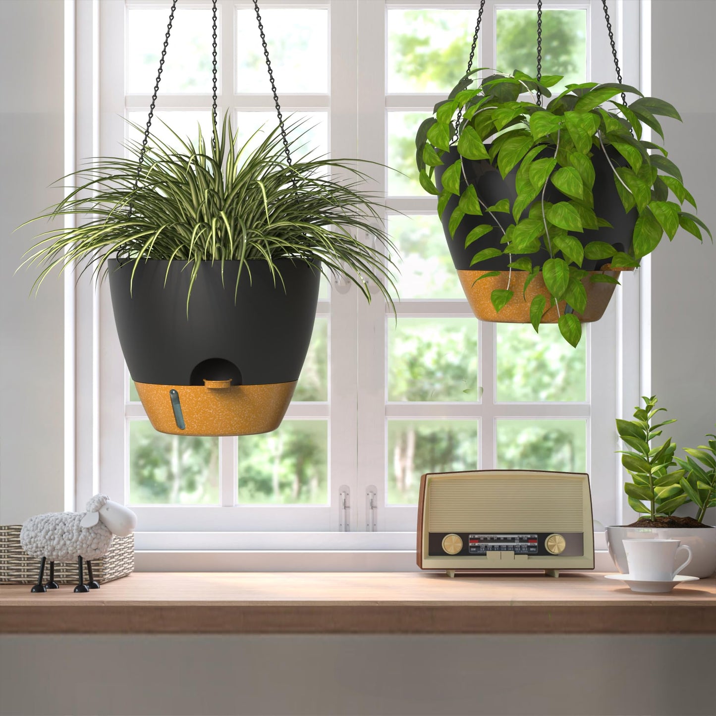 ZMTECH 12 Inch Large Self Watering Hanging Planters for Indoor Outdoor Plants - Water Level Indicator & Removable 60 Oz Reservoir, 1 Pack Plastic Hanging Basket for Window Porch Garden Balcony, Green