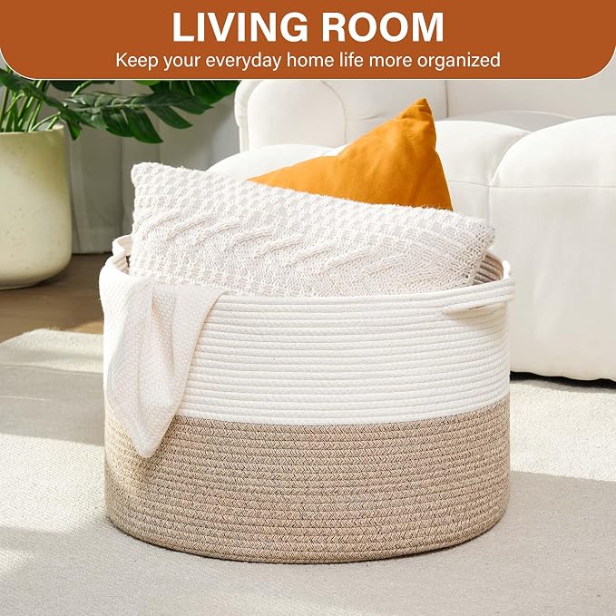 Foldable Laundry Hamper Basket with Collapsible Handle Cotton Rope Soft Woven Fabric Storage Organizer Clothes Toys Nursery Bedroom Dorm Space Saving Bin (White & Brown, 115L(23.6"D x 15.7"H))