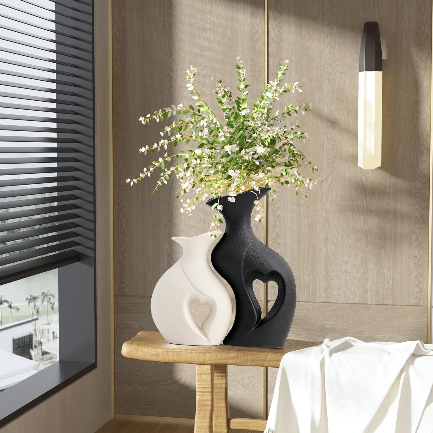 Black and White Vase Heart Shape Ceramic Vase Set of 2,Modern Boho Hollow Flower Vases,Nordic Aesthetic Decor,Decorative Vases for Room,Home Book Shelf,Fireplace,Table Decor