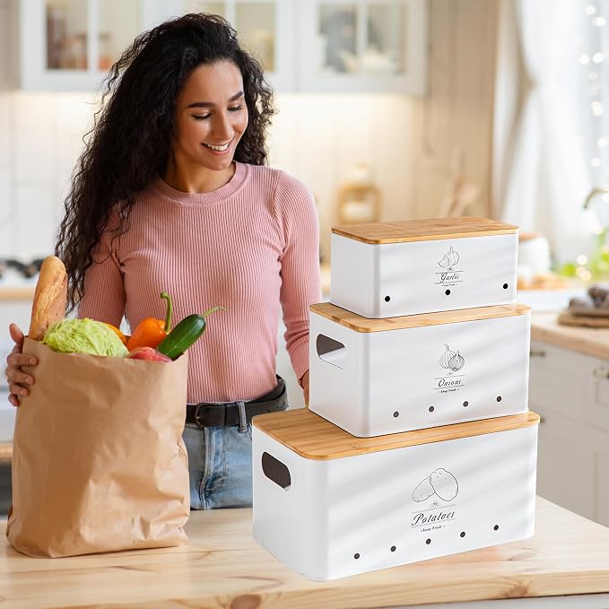 Metal Potato Onion and Garlic Storage Tin Set of 3, White Kitchen Vegetable Canisters with Bamboo Lid and Aerating Holes, Stackable Kitchen Keeper Storage for Countertop Pantry