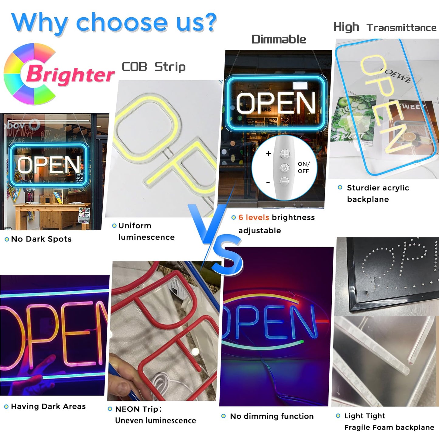 ROLANCHE Open Signs for Business Window, 16"x 9" Neon Open Sign, Bright COB Chip LED Open Sign with ON/OFF Switch & USB Plug, Ice Blue & White Open Light Up Sign for Wall, Shop, Hotel, Horizontal
