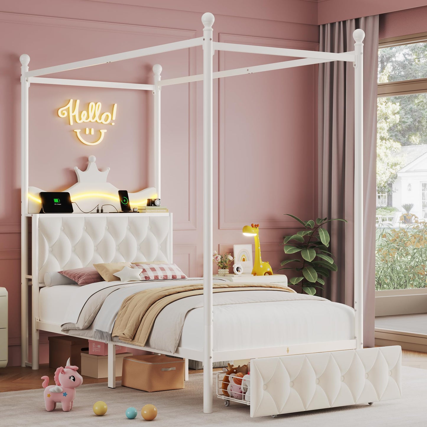 Keyluv Twin Size Upholstered LED Canopy Bed Frame with Charging Station and Drawer, Button Tufted Crown Headboard with Storage Shelf, Two-Purpose Removable Four Poster Design Platform Bed, Beige