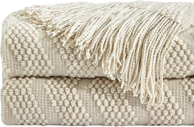 BOURINA Beige Throw Blanket 50x60 Inches Throw Textured Solid Soft Ripple Throws and Blankets for Sofa or Bed Knitted Decorative Throw