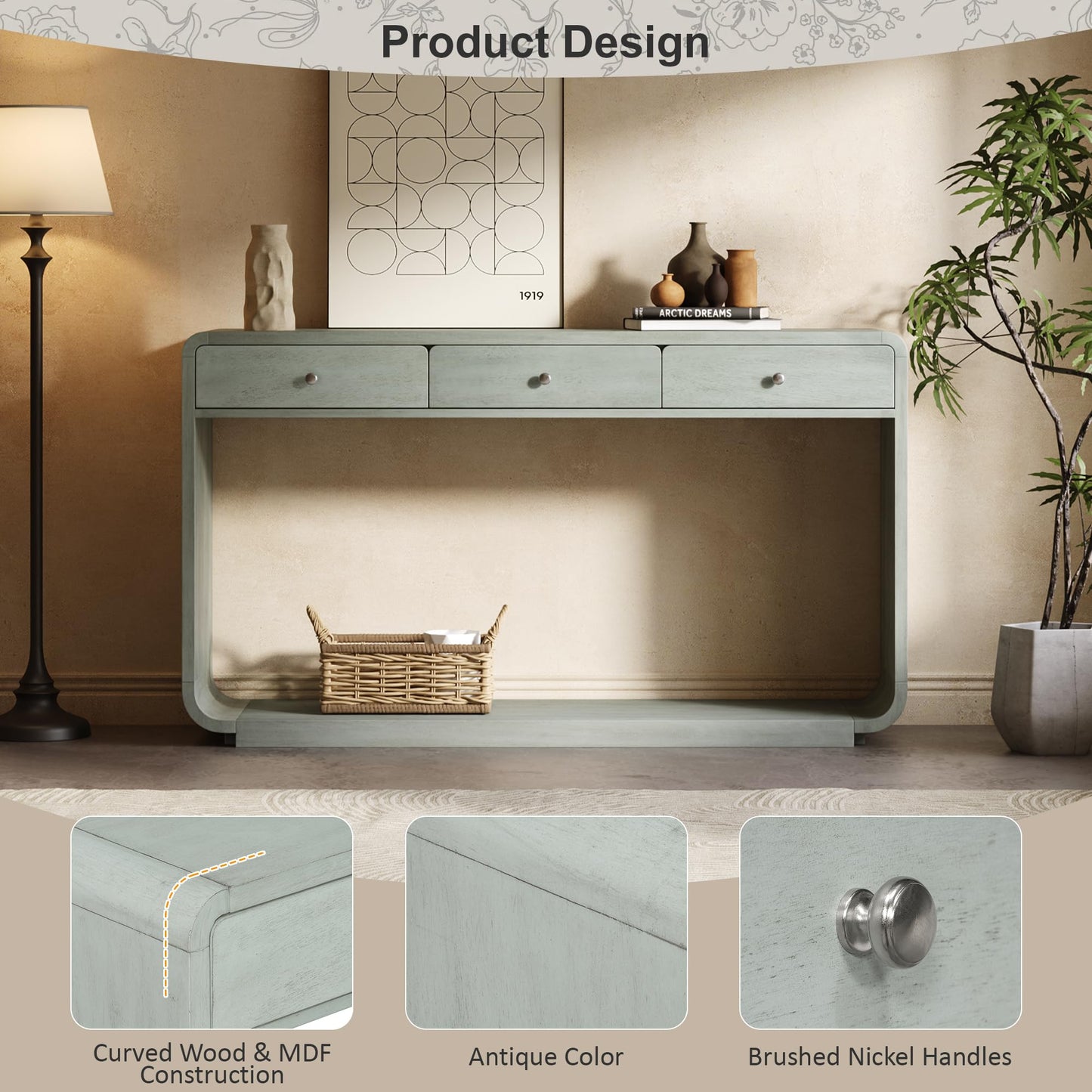 Christopher Knight Home Hiro Narrow Console Table with Storage, Wood Entryway Table with 3 Drawers and 1 Bottom Shelf, Long Entryway Table with Storage, Display Table with Curved Design, Sage Green