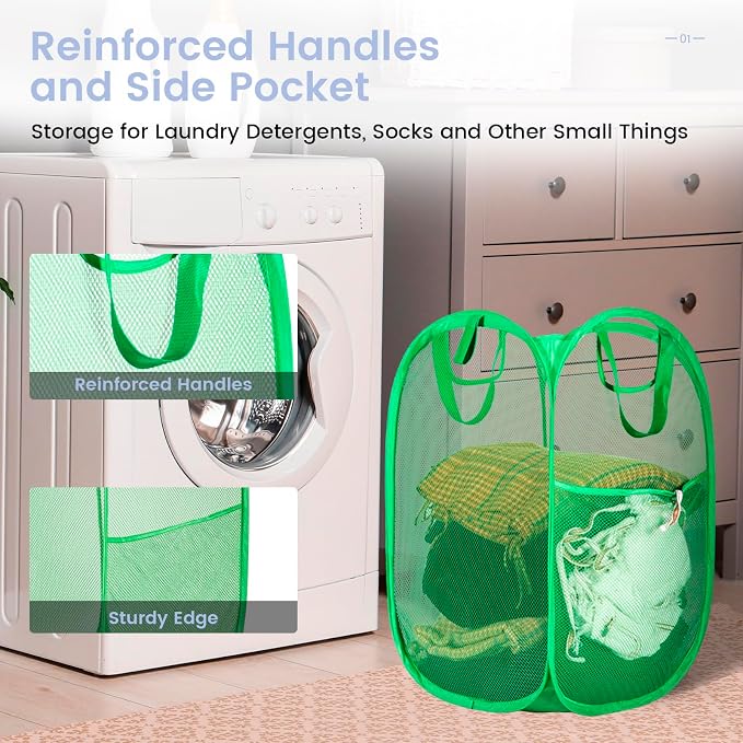 HOUSE AGAIN 2 Pcs Pop Up Laundry Hamper, Strong Mesh Laundry Baskets Collapsible, Hamper with Handles and Side Pocket, Portable Foldable Dirty Clothes for Dorm, Laundry room and Travel Storage, Green