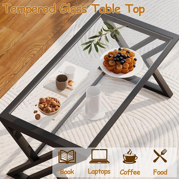Wolawu Coffee Table Black Glass Coffee Table for Living Room,Modern Rectangular Center Table with Sturdy Metal Frame,Tempered Glass Table Tea Tables for Bedroom Home Office