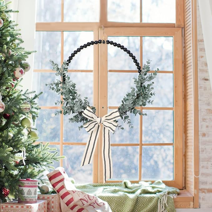 Wood Bead Eucalyptus Leaf Wreaths - 13 Inch Natural Greenery Wreaths Boho Wall Hanging Decoration for All Season Bedroom Room Rustic Farmhouse Home Indoor Outdoor Window Decor