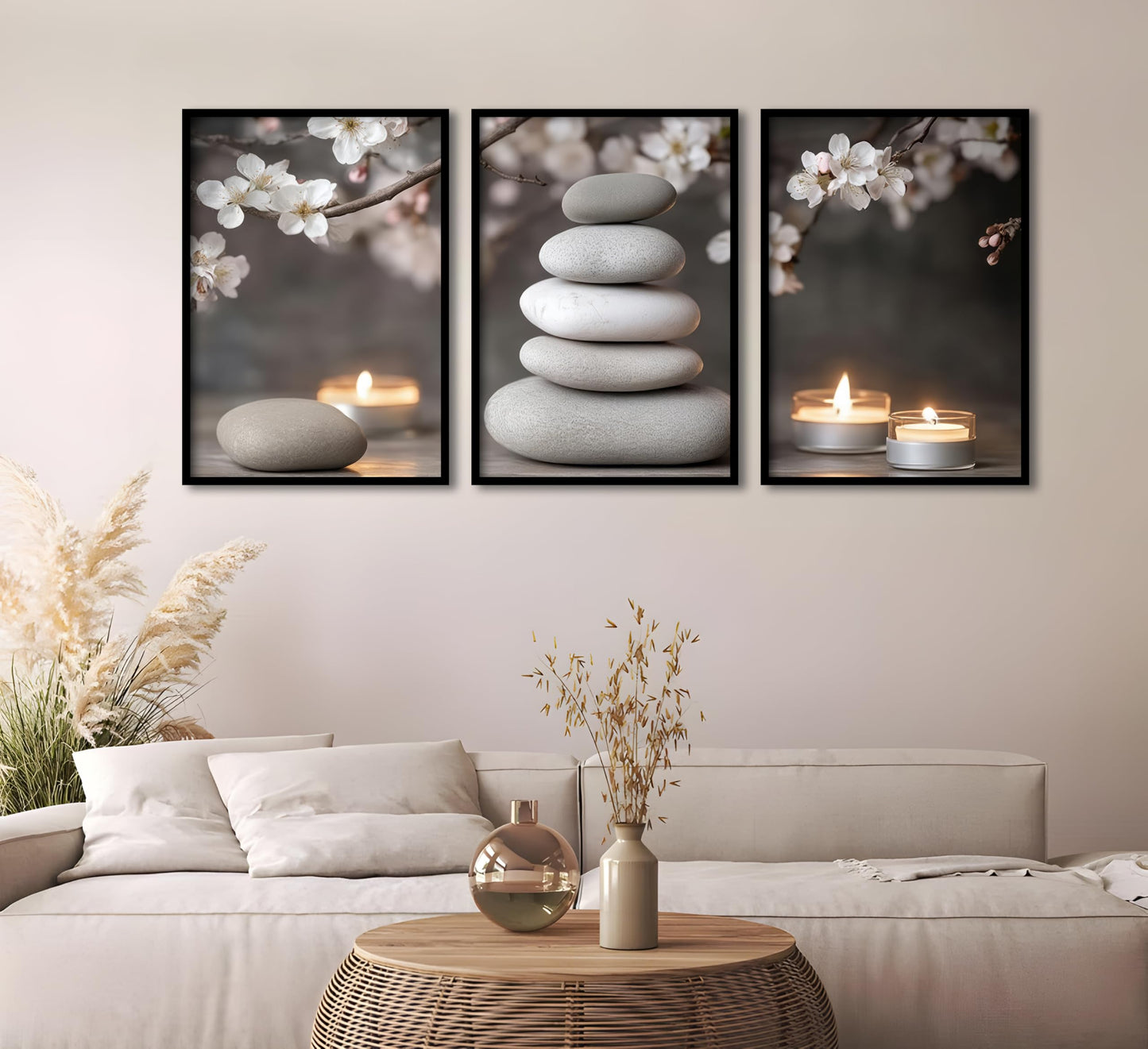 ZHJIOFXG 3 Piece Zen Canvas Wall Art Stacked Stones Cherry Blossom Candle Spa Wall Decor Calming Minimalist Neutral Poster Print Art for Bathroom Bedroom Yoga Room Office Living Room 12x16in Unframed