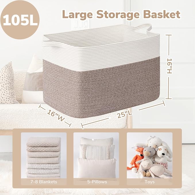 Goodpick 105L Extra Large Blanket Basket 25" x 16" x 16" Cotton Rope Storage Baskets for Organizing, Baby Laundry Basket with Handles, Rectangle Woven Baskets for Storage, Brown