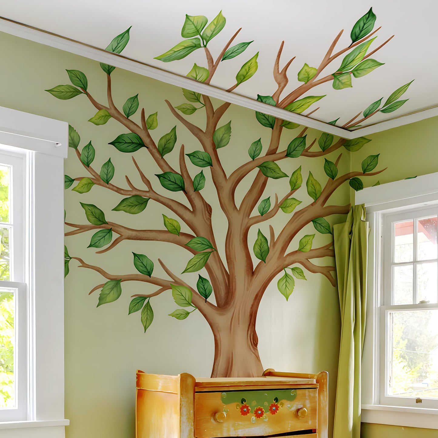 DTLIFEK Giant Green Tree Wall Decals Green Plants Jungle Wall Sticker Flying Leaves Vinyl DIY Removable Peel and Stick Wallpaper for Kids Bedroom Nursery Classroom Sofa Background Home Decoration 2054
