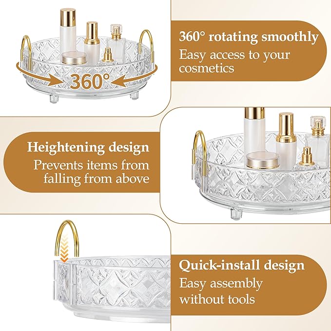 360 Rotating Makeup Organizer for Vanity,Adjustable Perfume Organizer for Dresser, Multi-Function Spinning Cosmetics Skincare Storage for Bedroom, Dresser, Countertop, Clear