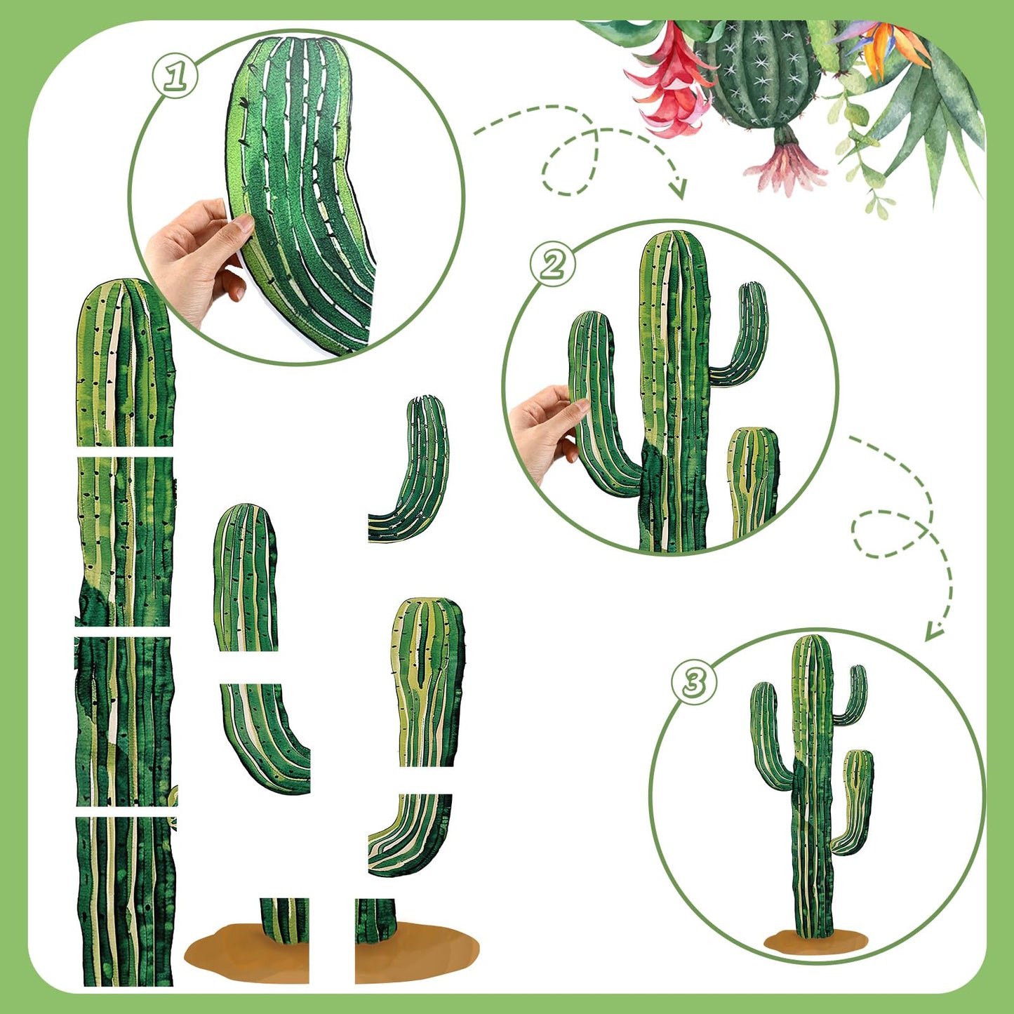 Janlaugh 2 Pcs 4 Feet Large Boho Cactus Wall Decor Jointed Cactus Cutouts Wall Stickers Tropical Cacti Home Decals Stickers DIY Bohemian Green Botanical Decorations for Classroom Bedroom